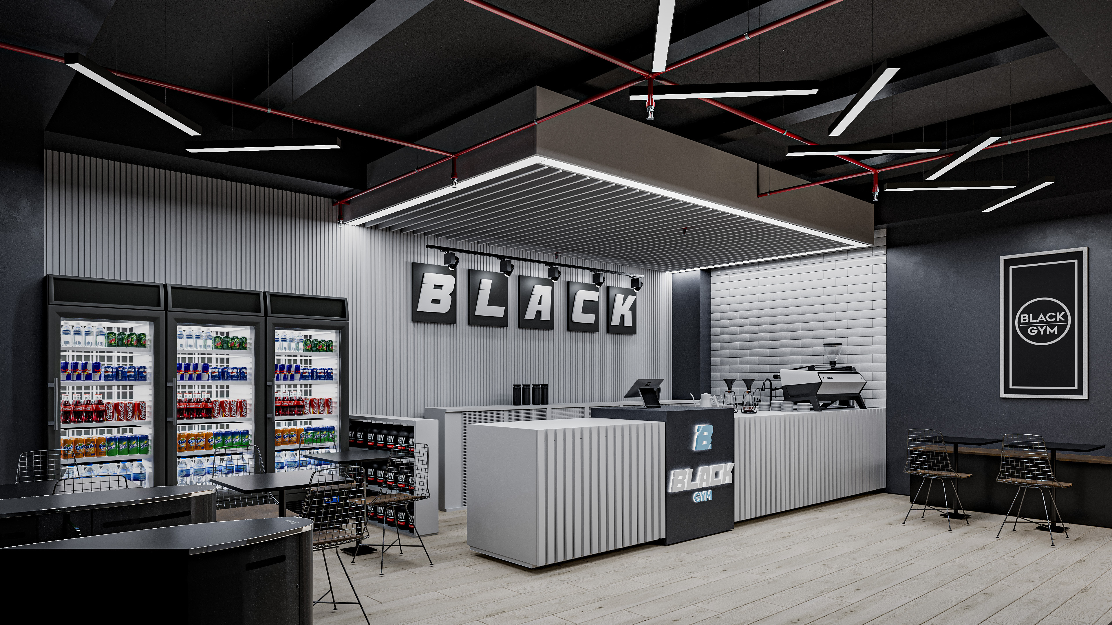 BLACK GYM cafe ve lounge alanı